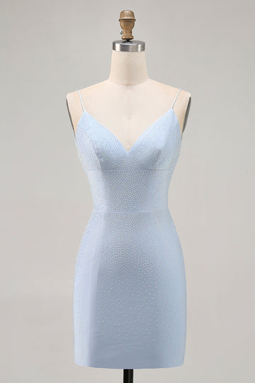 Blue Beaded Spaghetti Straps Backless Bodycon Homecoming Dress